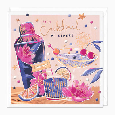Cocktail O'Clock greeting card featuring a blue shaker, cocktail glass, cherries, and pink flowers on a peach background.