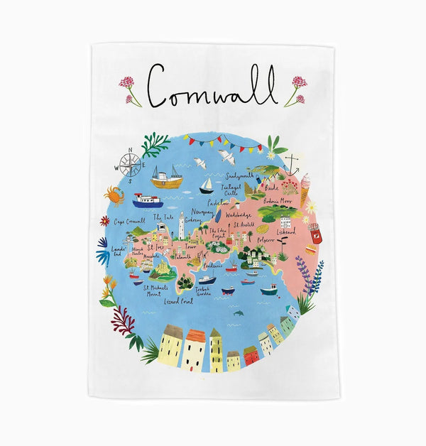 Tea Towel-CR01TT - Cornwall Map Tea Towel-Clair Rossiter