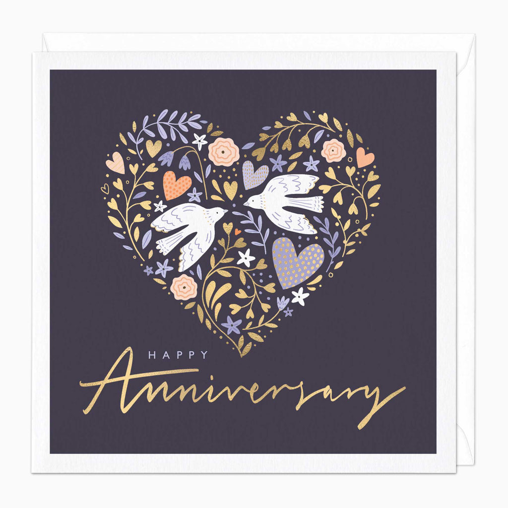 Couples Love Heart Card featuring two white doves, floral patterns, and hearts on a dark purple background.
