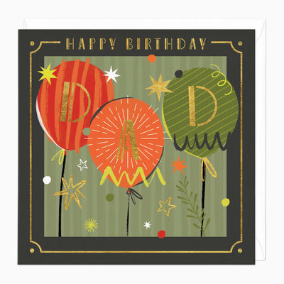 Dad's Birthday greeting card featuring three colourful balloons spelling DAD against a green striped background.