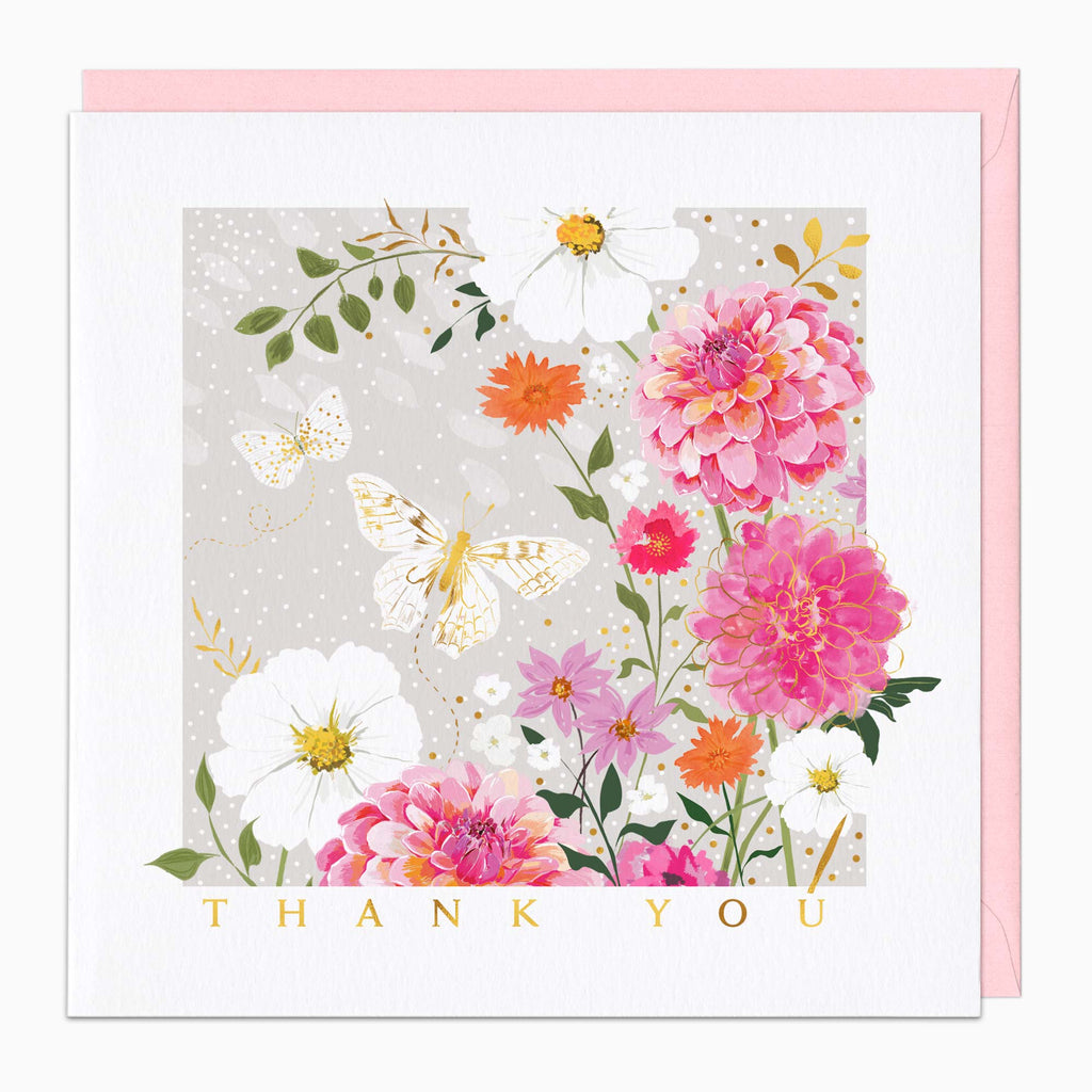 Greeting Card-G561 - Dahlias & Butterfly Thank You Card-Whistlefish