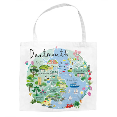 White cotton tote bag featuring a colourful illustrated map of Dartmouth with landmarks, boats, and coastal scenery.