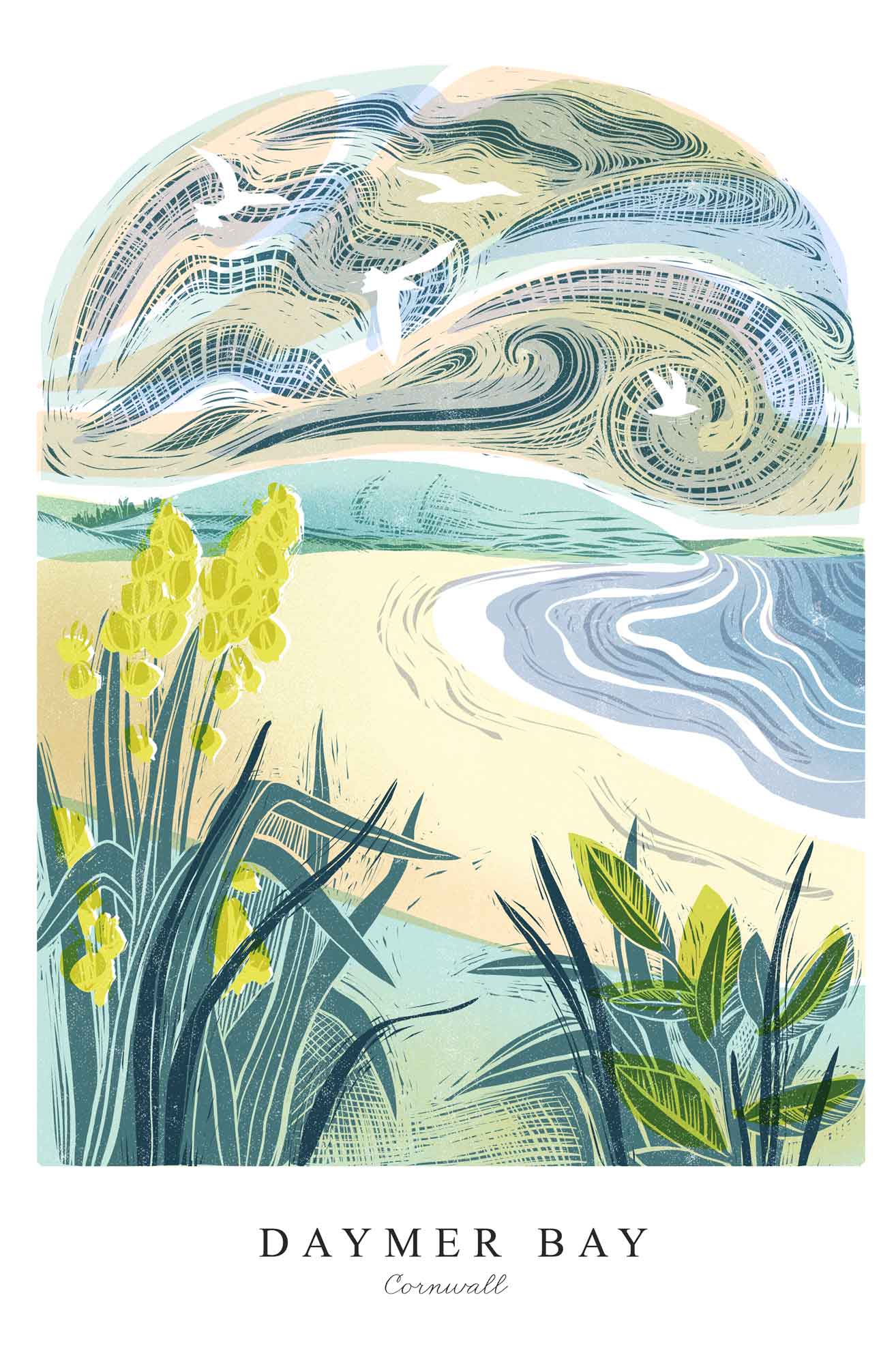Framed Print-WF1232F - Daymer Bay Lino Small Framed Print-Whistlefish