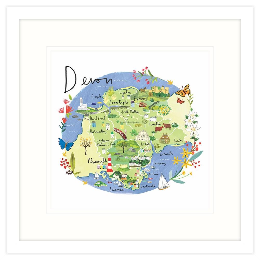 RC02F Devon Map Framed Print Clair Rossiter