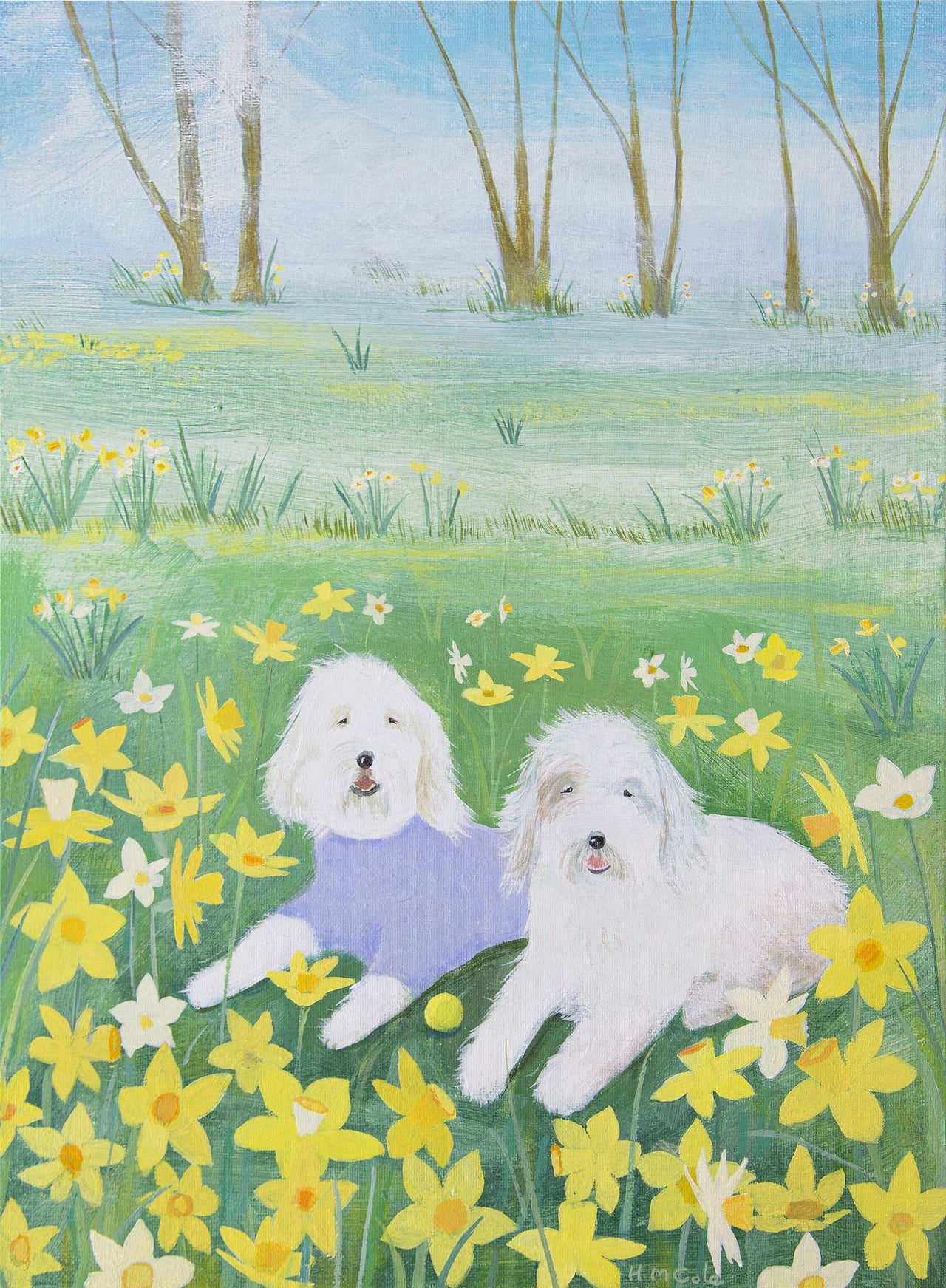 Print-HC363LP - Dogs in the Daffodils Large Art Print-Hannah Cole