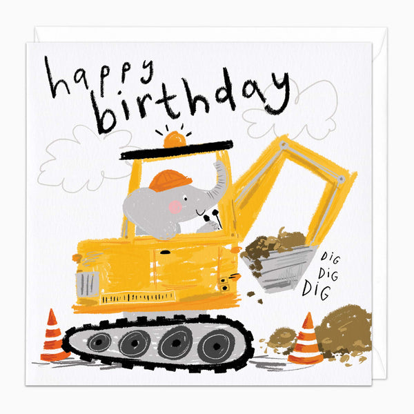 Greeting Card-H253 - Elephant Digger Birthday Card-Whistlefish