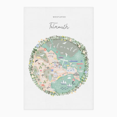 Falmouth Map tea towel featuring a circular illustration of the Cornish coast with colourful landmarks and sea life.