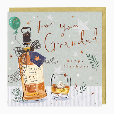 Grandad birthday card featuring a whiskey bottle and glass, decorated with stars, a balloon, and a gold envelope.