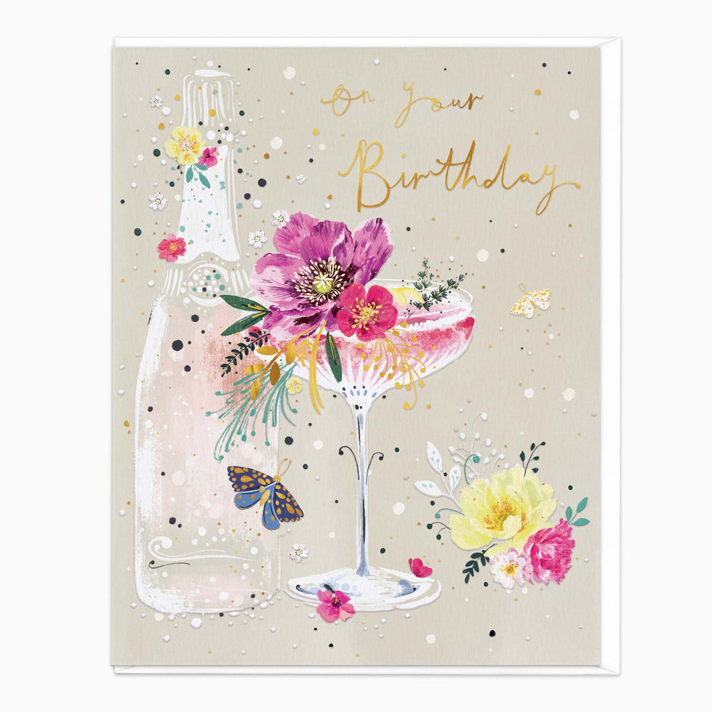Greeting Card-H235 - Floral Champagne Birthday Card-Whistlefish