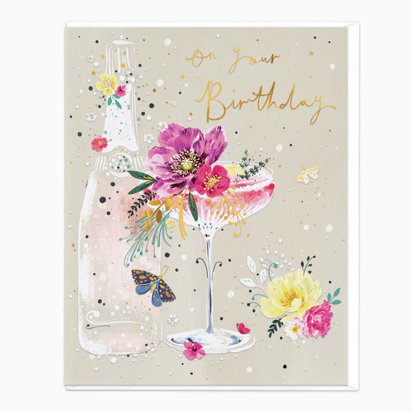 Greeting Card-H235 - Floral Champagne Birthday Card-Whistlefish