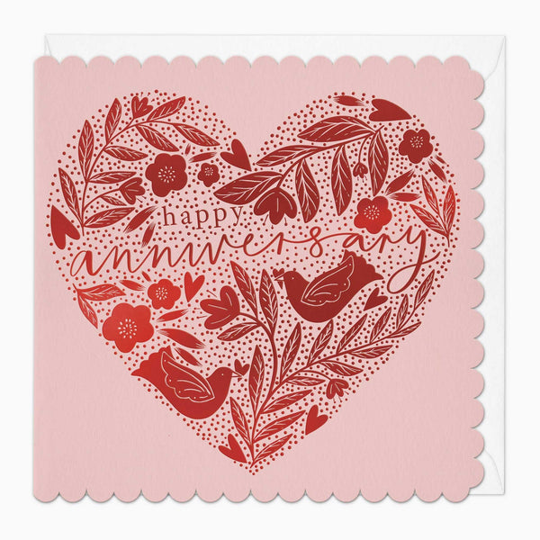 Greeting Card-G163 - Floral Heart Anniversary Scalloped Card-Whistlefish