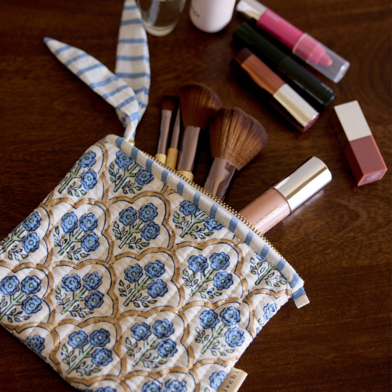 Cosmetic Bag Set-POUBP02 - Floral Indigo Zipped Pouch Set (2 Pack)-Paper Mirchi