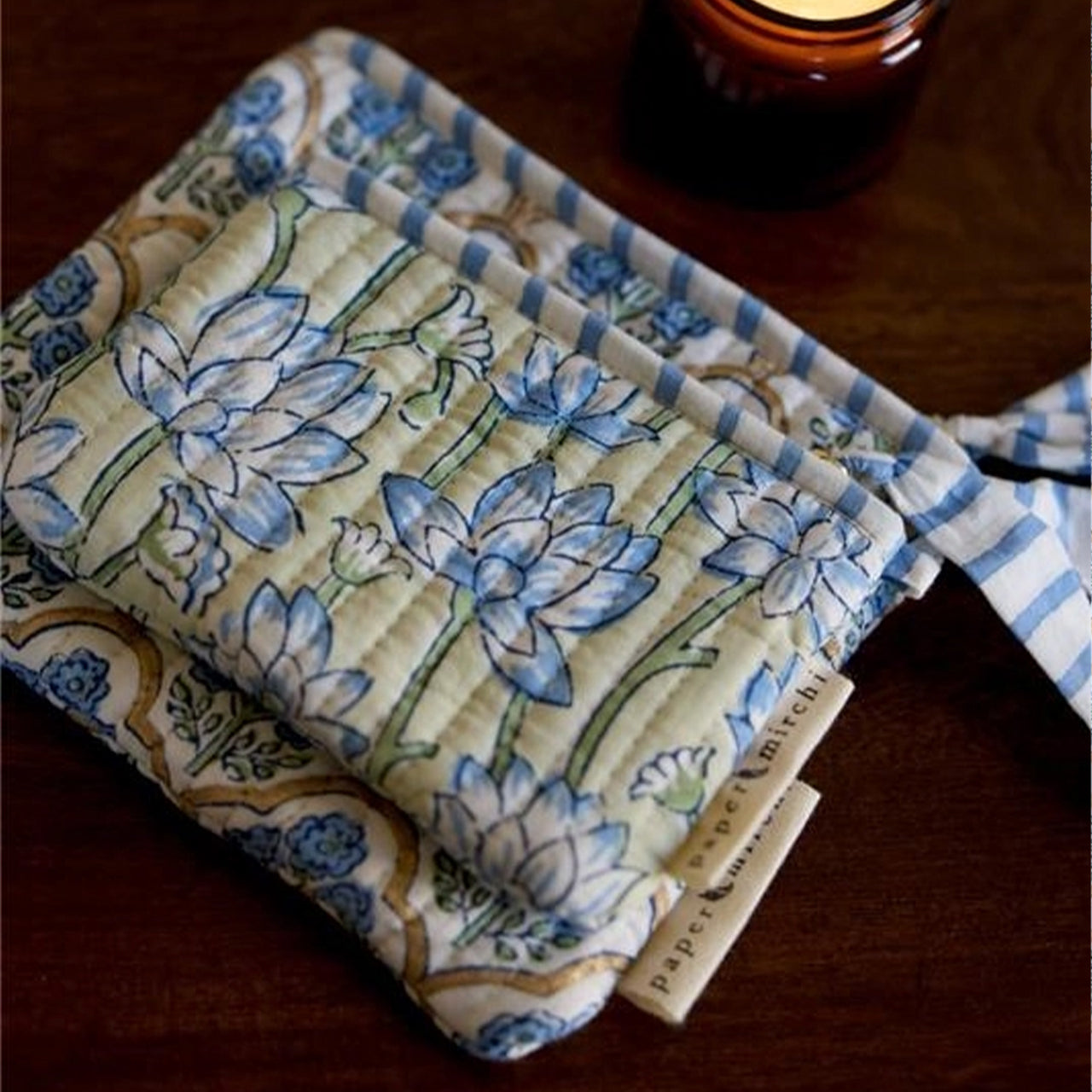 Cosmetic Bag Set-POUBP02 - Floral Indigo Zipped Pouch Set (2 Pack)-Paper Mirchi
