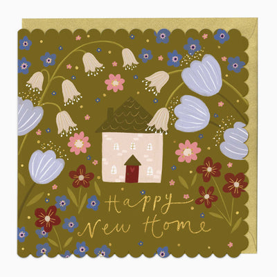 Floral New Home & Garden scalloped card with a house illustration, blue and pink flowers, and gold Happy New Home text.