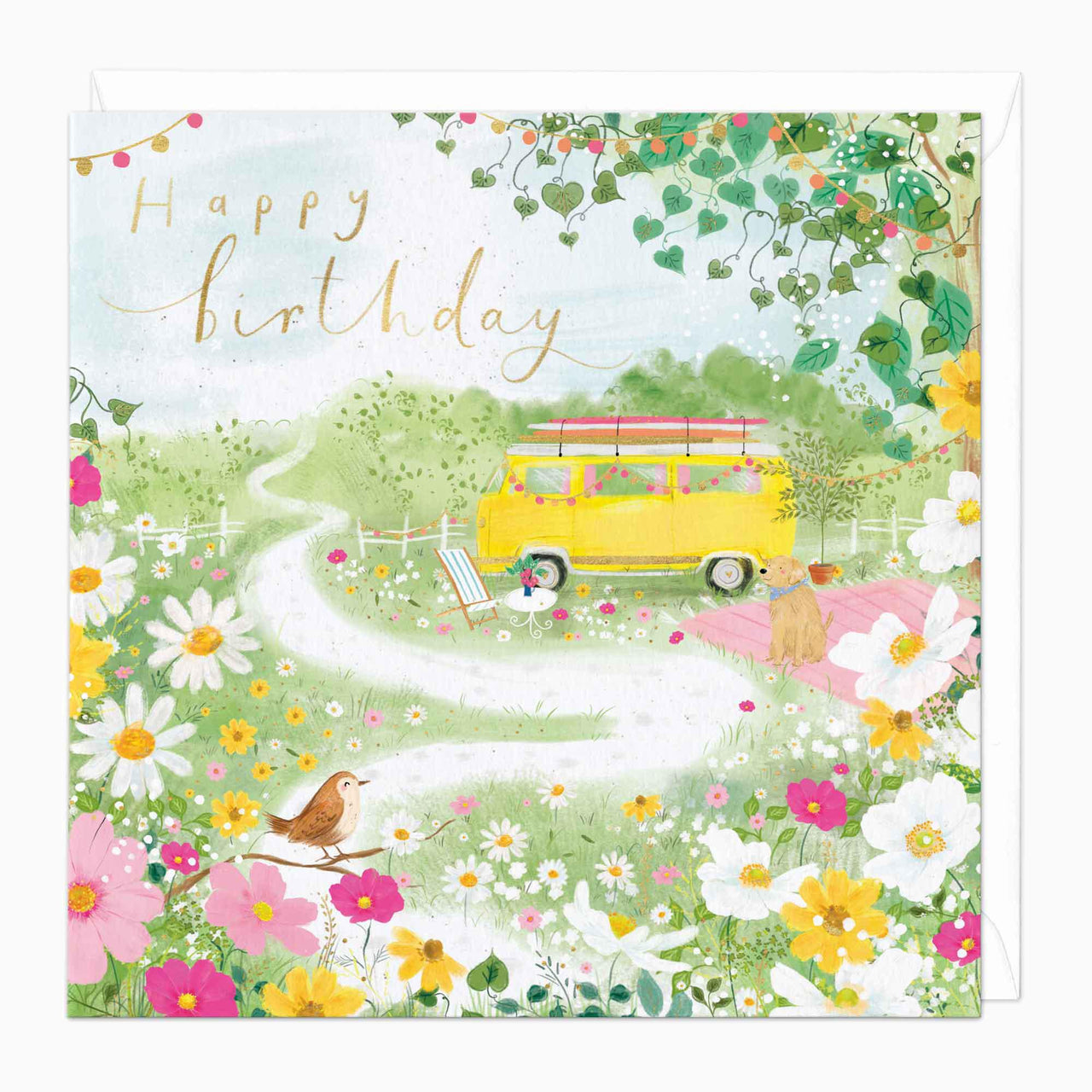 Greeting Card-F187 - Floral Scenery & Campervan Birthday Card-Whistlefish