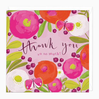 Floral Thank You card with pink, orange and white flowers, green leaves, berries and butterflies on a light pink background.