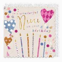 Fun Niece birthday card with colourful candles, heart-shaped balloons, and confetti on a scalloped edge cream background.