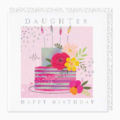 Daughter birthday card featuring a pink cake with flowers, candles, and glittery accents on a polka dot background.
