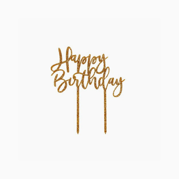 Cake Topper-SPMO025 - Gold Happy Birthday Glitter Cake Topper-Hootyballoo