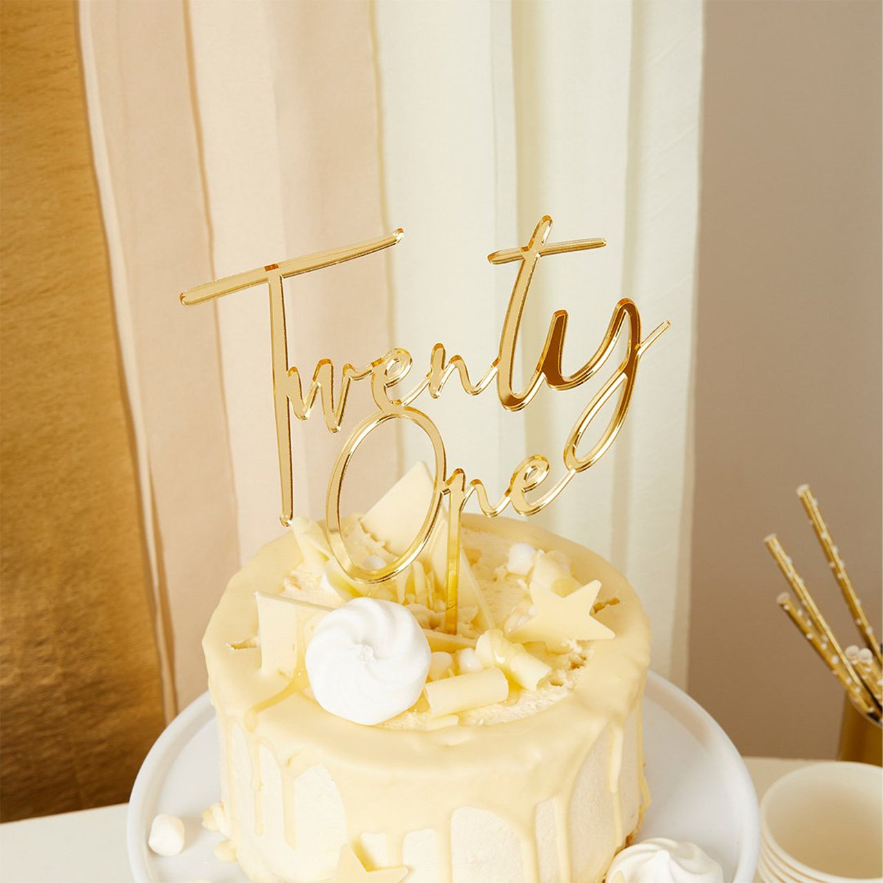 Cake Topper-HBMB102 - Gold Twenty One Acrylic Cake Topper-Hootyballoo