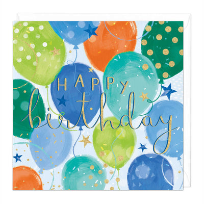 Happy Birthday card featuring colourful green, blue, and orange balloons with gold star accents and gold lettering.