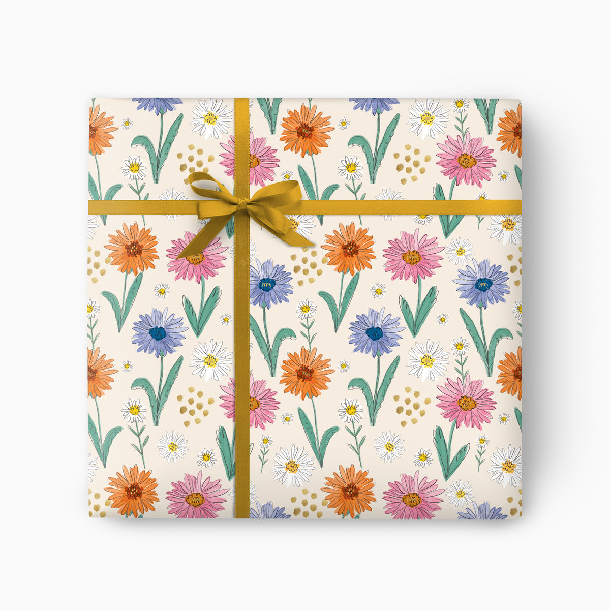 Painted Petal Garden wrapping paper featuring colourful floral illustrations on a cream background with a gold ribbon bow.
