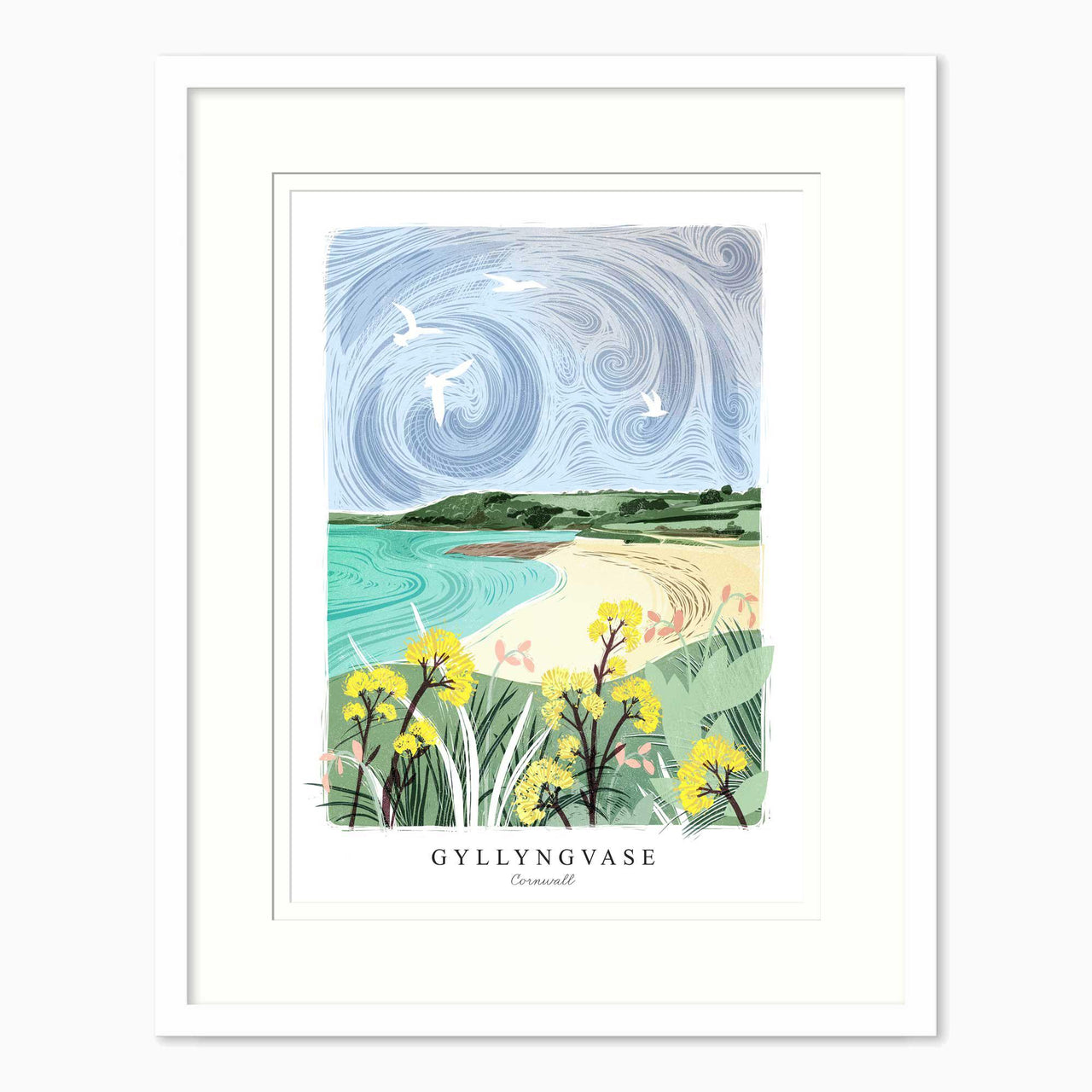 Framed Print-WF1239F - Gyllyngvase Lino Small Framed Print-Whistlefish