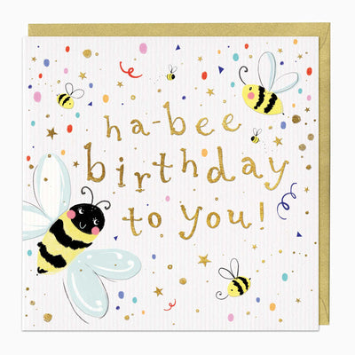 Ha-Bee Birthday Card featuring cute illustrated bees, gold lettering, and colourful confetti dots on a white background.