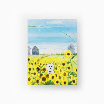 Hannah Cole Gone Westie Bound notebook featuring a white Westie dog in a field of yellow sunflowers by the coast.