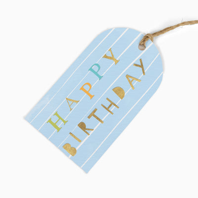 Birthday Stripes gift tag in light blue with white stripes, featuring Happy Birthday text and a brown twine string.