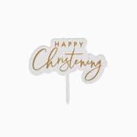 Happy Christening cake topper with gold script lettering on a white semi-transparent background.
