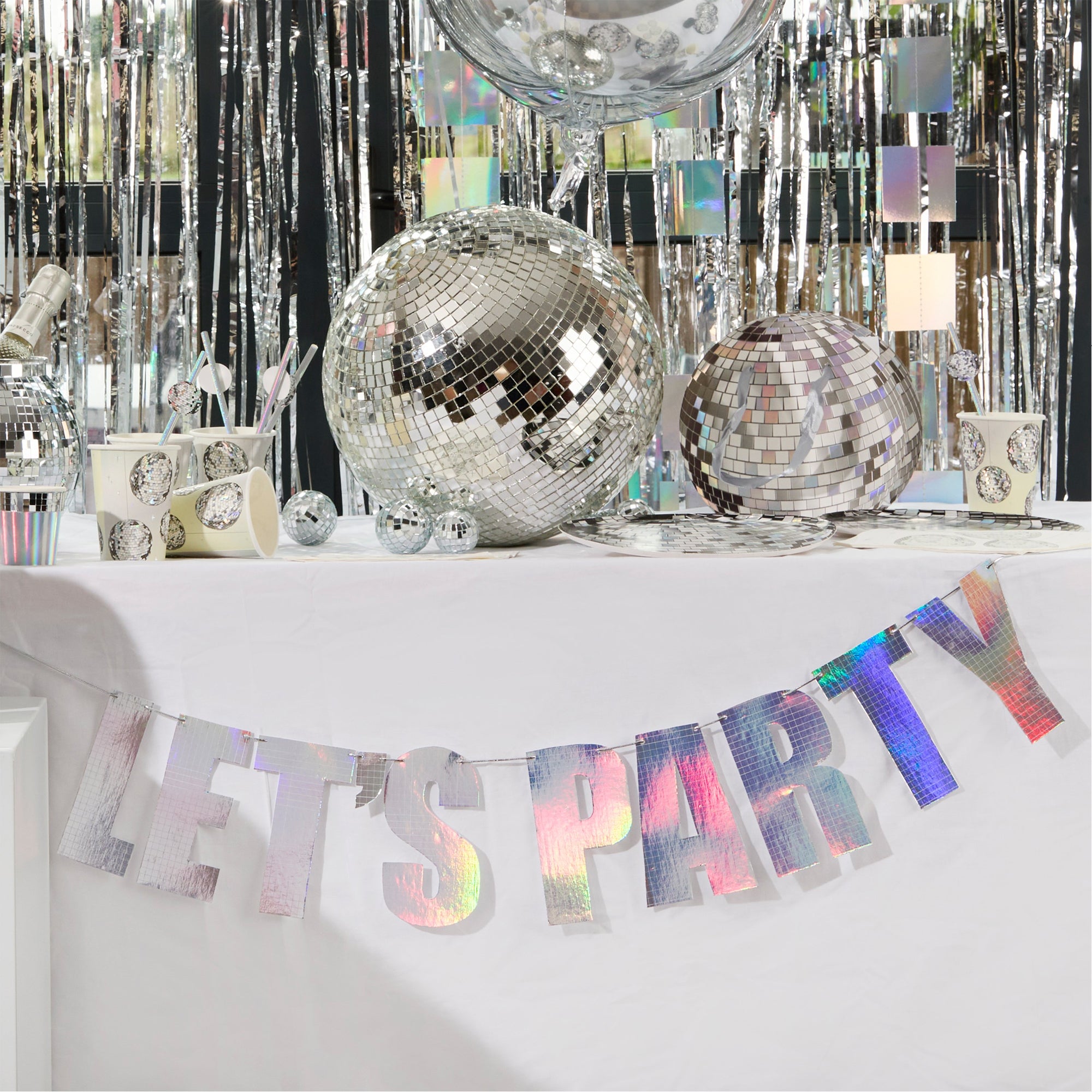Banner-HBDP100 - Iridescent Lets Party Card Banner-Hootyballoo