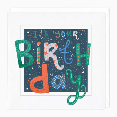 It's Your Birthday card featuring colourful, patterned lettering on a dark blue background with stars and confetti.