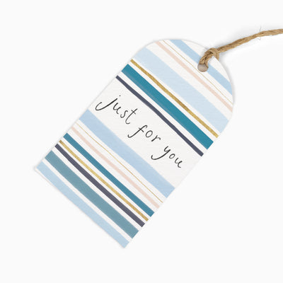 Just For You Stripey Gift Tags featuring blue, teal, and gold horizontal stripes with twine string.