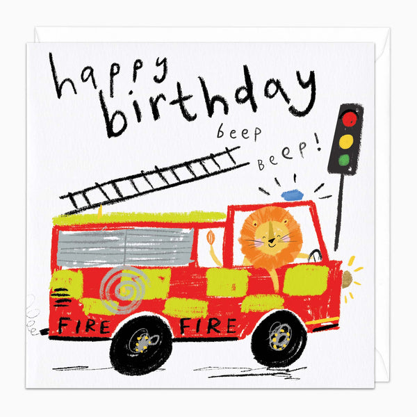 Greeting Card-H252 - Lion Fire Engine Birthday Card-Whistlefish