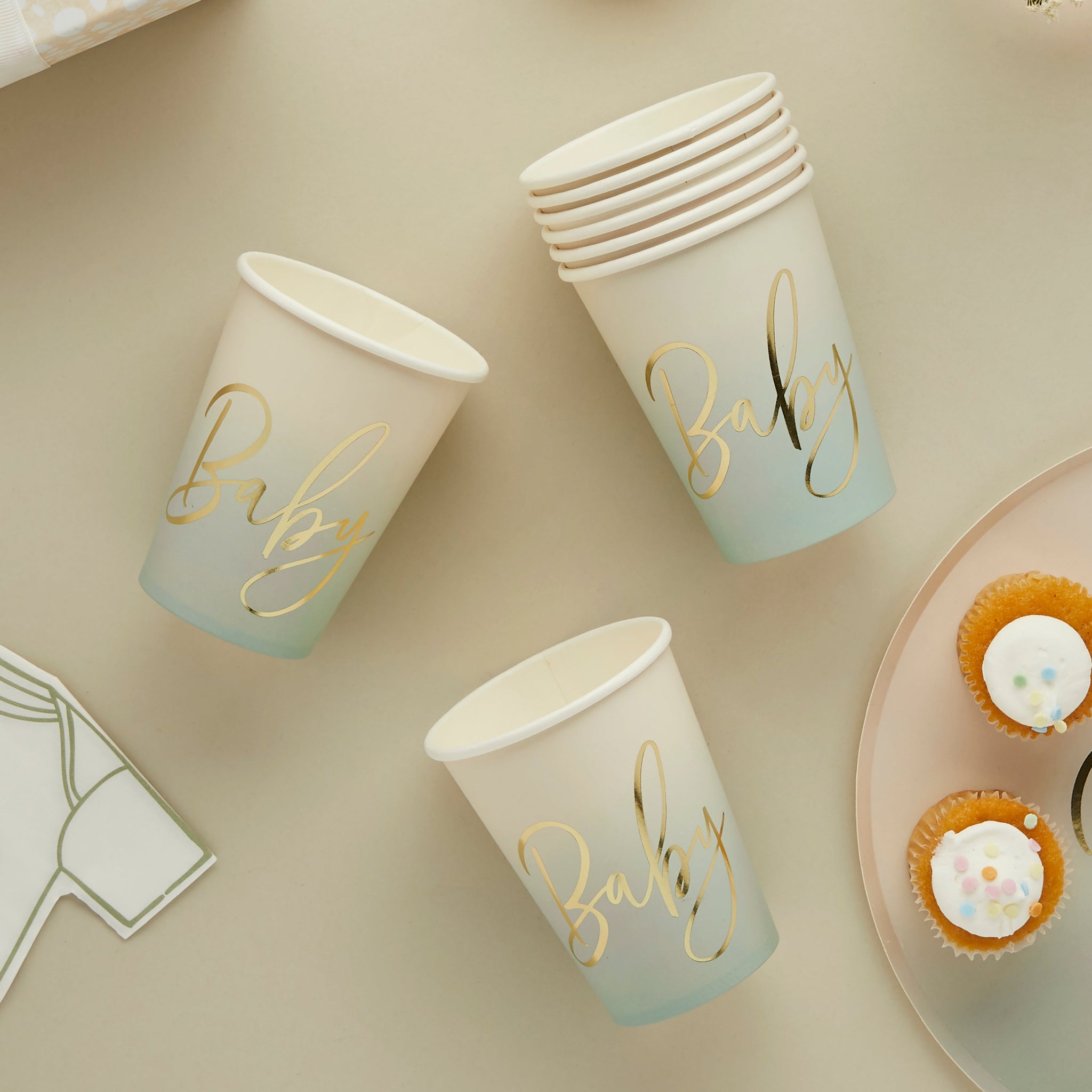 Paper Cups - HBBS212 - Neutral Sage 'Baby' Paper Plates 8pcs - Neutral Sage 'Baby' Paper Cups 8pcs - Whistlefish