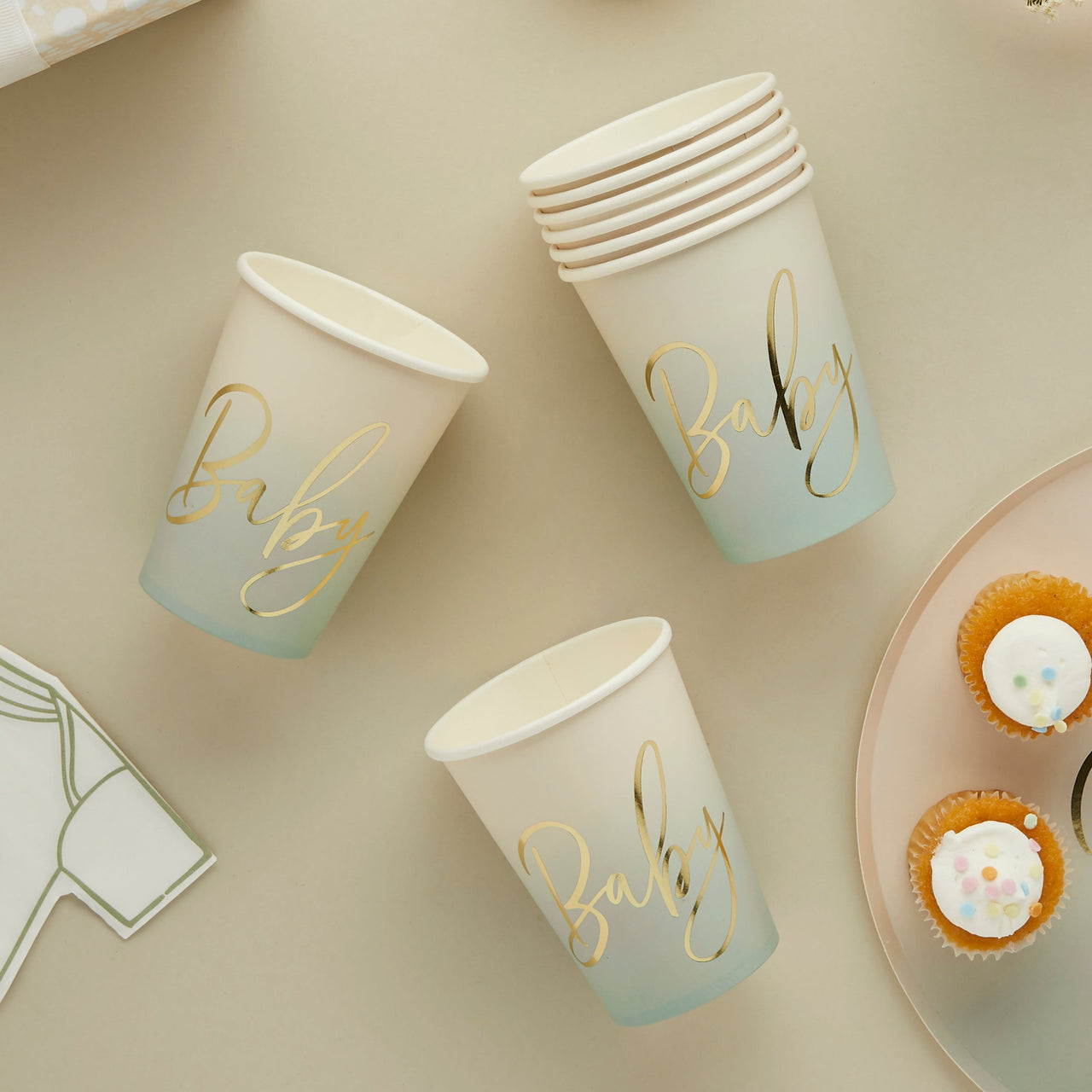 Paper Cups - HBBS212 - Neutral Sage 'Baby' Paper Plates 8pcs - Neutral Sage 'Baby' Paper Cups 8pcs - Whistlefish