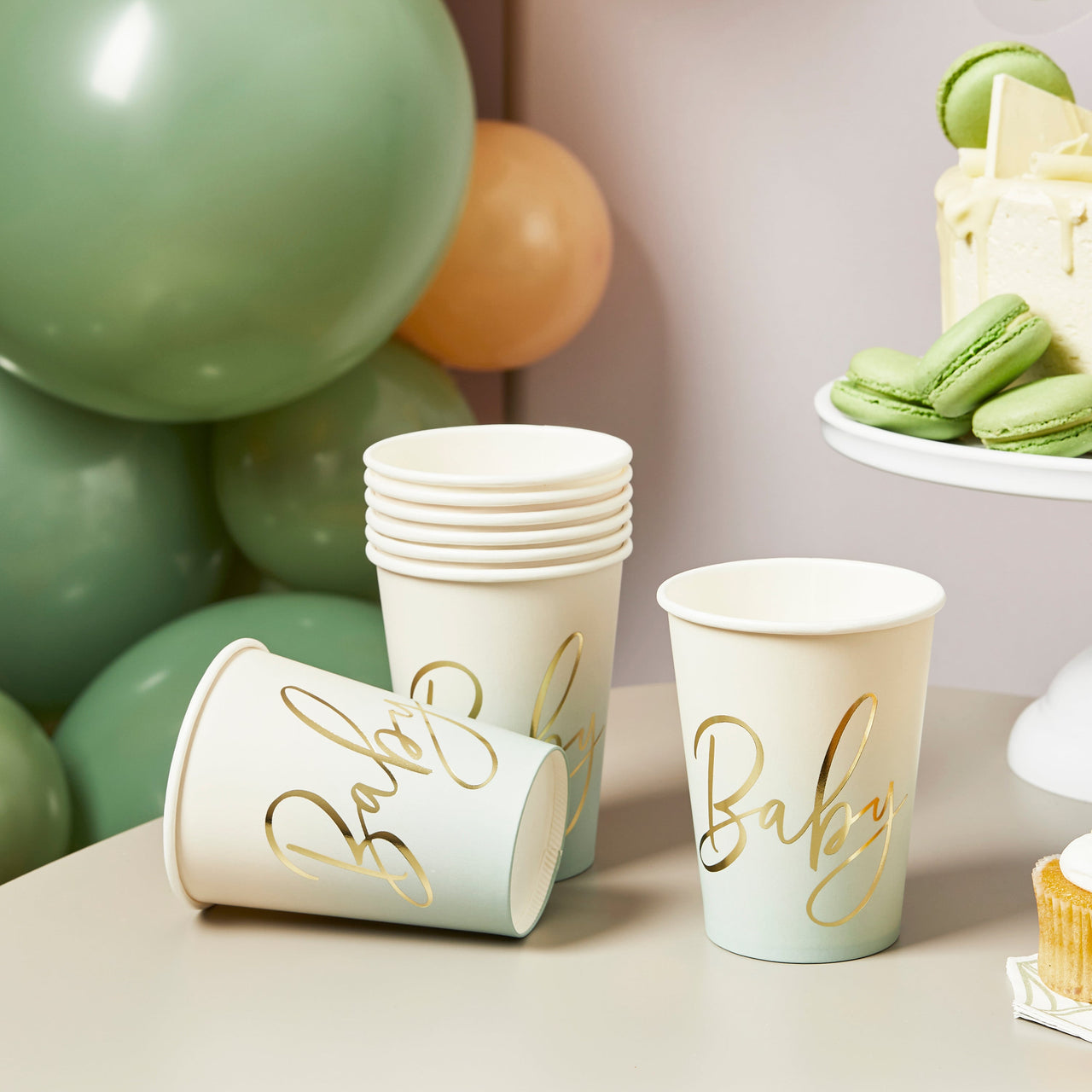 Paper Cups - HBBS212 - Neutral Sage 'Baby' Paper Plates 8pcs - Neutral Sage 'Baby' Paper Cups 8pcs - Whistlefish