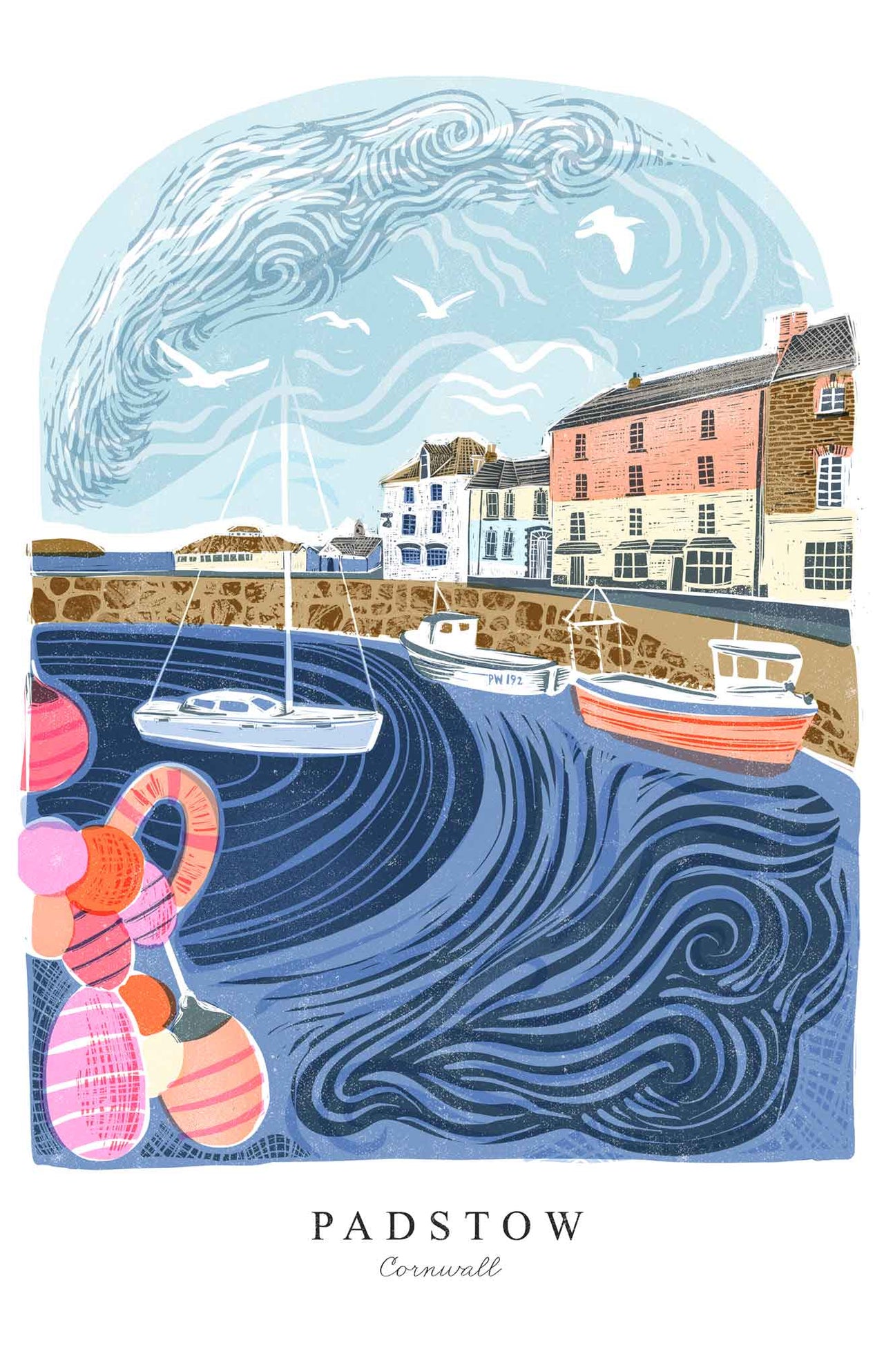 Framed Print-WF1228F - Padstow Lino Small Framed Print-Whistlefish
