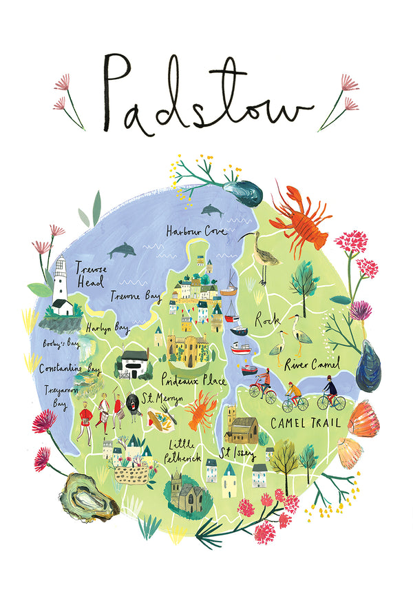 Tea Towel-CR02TT - Padstow Map Tea Towel-Clair Rossiter