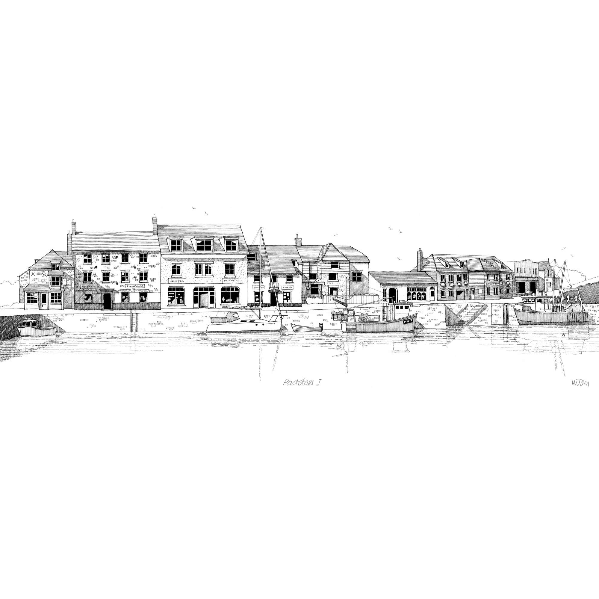 JW253P Padstow Monochrome Docks Art Print