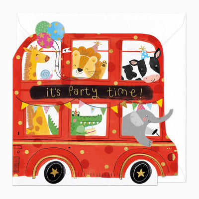 Party Bus birthday cut-out card featuring a red bus with cartoon animals, bunting, and the text it's Party time!