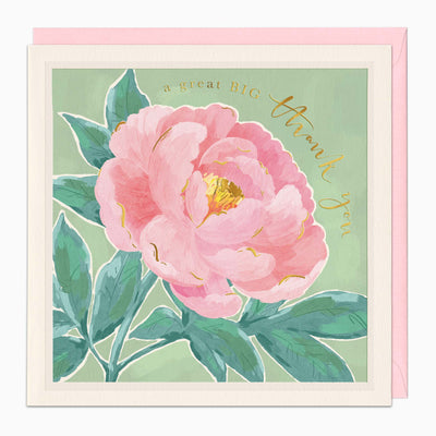 Peony Thank You card featuring a large pink flower on a sage green background with gold text and a pale pink envelope.