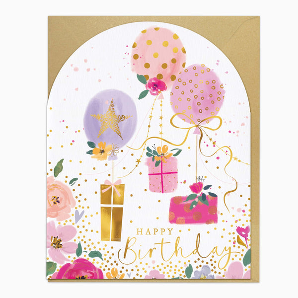 Greeting Card-H232 - Pink Balloons & Presents Birthday Card-Whistlefish