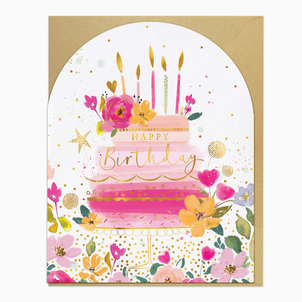 Greeting Card-H231 - Pink Cake & Floral Birthday Card-Whistlefish