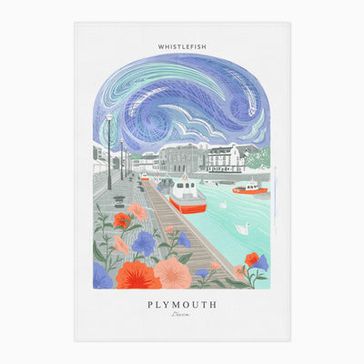 Plymouth Arched Lino tea towel featuring a harbour scene with boats, swans, and a swirling blue sky in a lino-cut style.