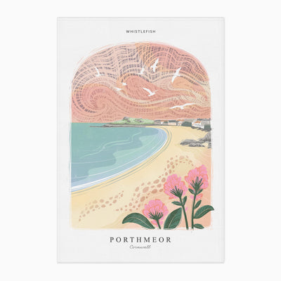 Porthmeor Arched Lino tea towel featuring a coastal beach scene with pink flowers, a swirling sky, and seagulls.