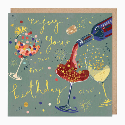 Prosecco and wine birthday card featuring colourful drink illustrations, confetti, and gold lettering on a sage green background.
