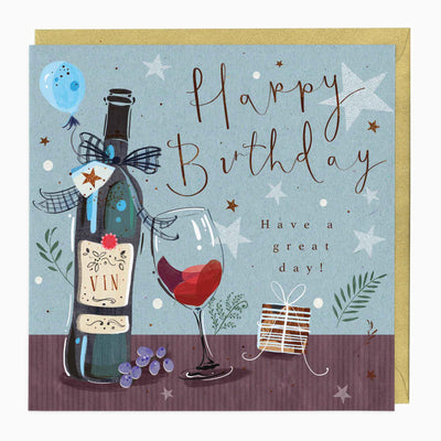 Red Wine And Gifts birthday card featuring a wine bottle, glass, and gift box on a blue background with stars and a gold envelope.