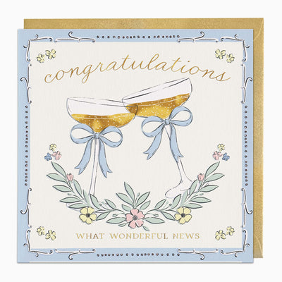 Regal Congratulations card featuring two champagne glasses with blue bows, floral illustrations, and a gold envelope.